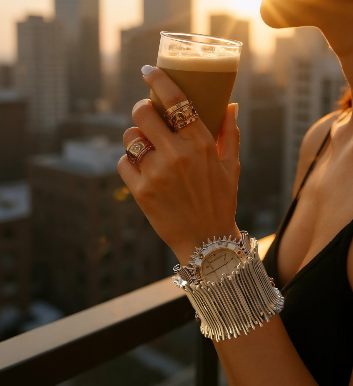 The Lyra Crown Cuff silver-plated extra wide stretch cuff bracelet with sculpted vertical rod design and crown-style rim