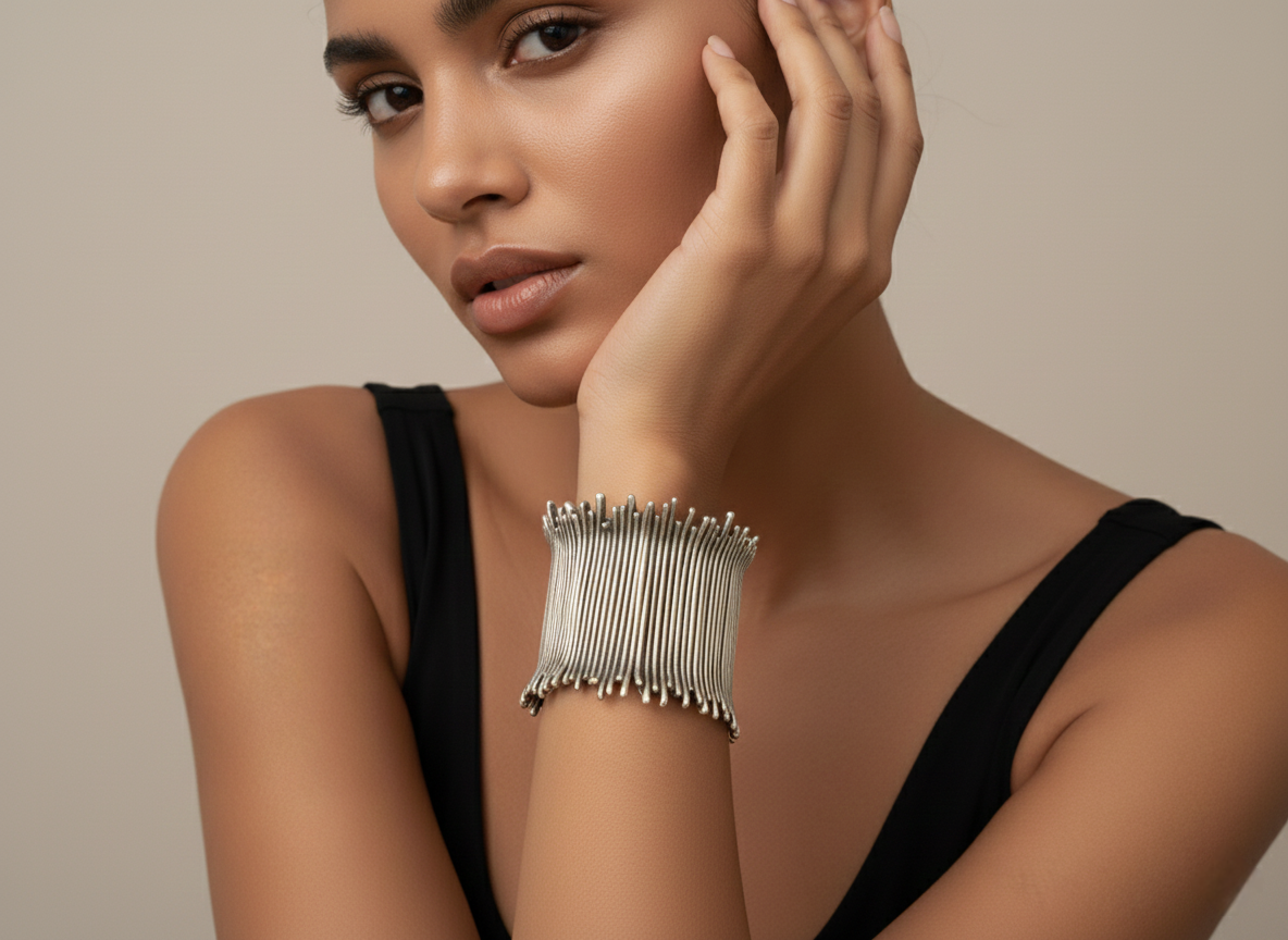 Model wearing a silver bracelet on a beige background_ZoharasVogue 