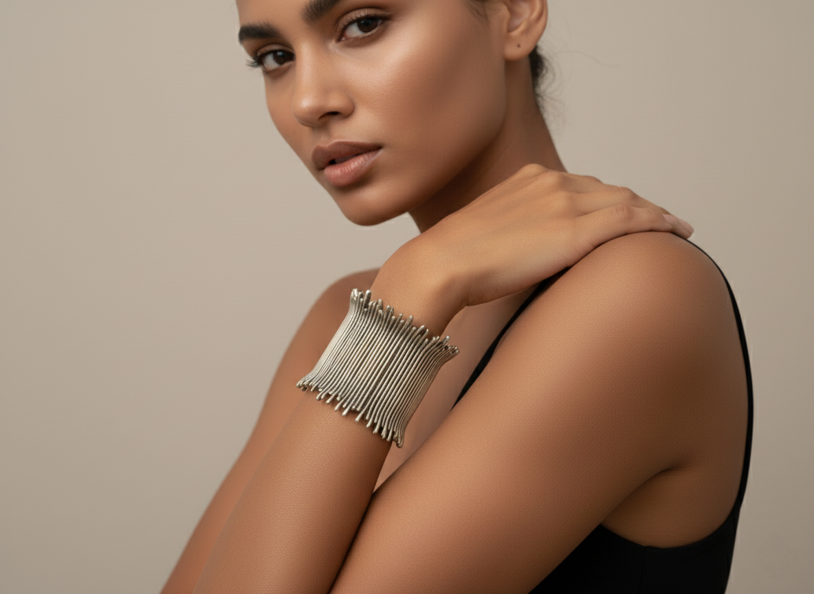 Model wearing a silver bracelet on a beige background_ ZoharasVogue 