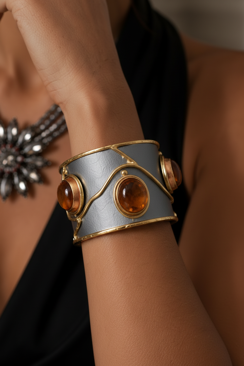 Close-up of the Maya Tiger-Eye Cuff bracelet worn by the model on a blurred background