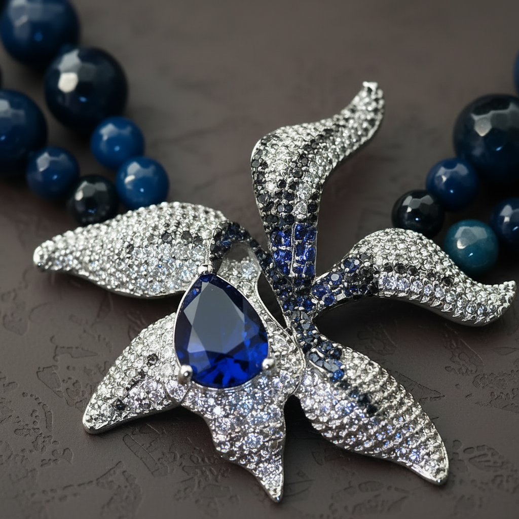 Midnight Bloom Statement Necklace, Blue Statement Necklace, Pavé Flower Pendant, Double Strand Gemstone Necklace, ZoharasVogue, Sapphire Tear Drop Jewelry, Editorial Statement Necklace, Luxury Event Jewelry.