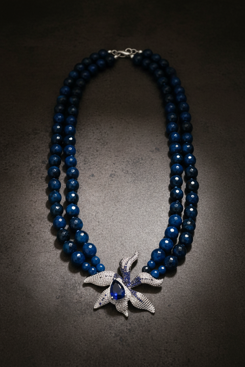 Midnight Bloom Statement Necklace, Blue Statement Necklace, Pavé Flower Pendant, Double Strand Gemstone Necklace, ZoharasVogue, Sapphire Tear Drop Jewelry, Editorial Statement Necklace, Luxury Event Jewelry.