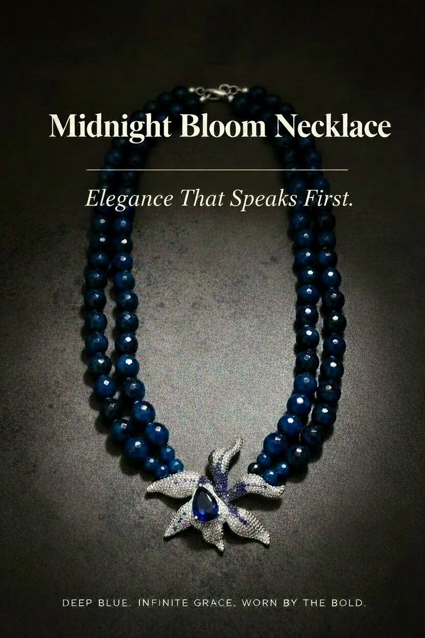 Midnight Bloom Statement Necklace, Blue Statement Necklace, Pavé Flower Pendant, Double Strand Gemstone Necklace, ZoharasVogue, Sapphire Tear Drop Jewelry, Editorial Statement Necklace, Luxury Event Jewelry.