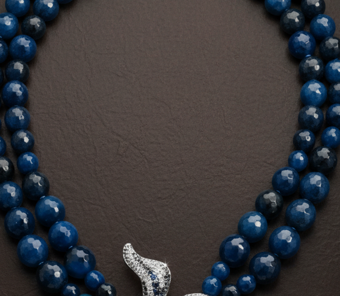 Midnight Bloom Statement Necklace, Blue Statement Necklace, Pavé Flower Pendant, Double Strand Gemstone Necklace, ZoharasVogue, Sapphire Tear Drop Jewelry, Editorial Statement Necklace, Luxury Event Jewelry.