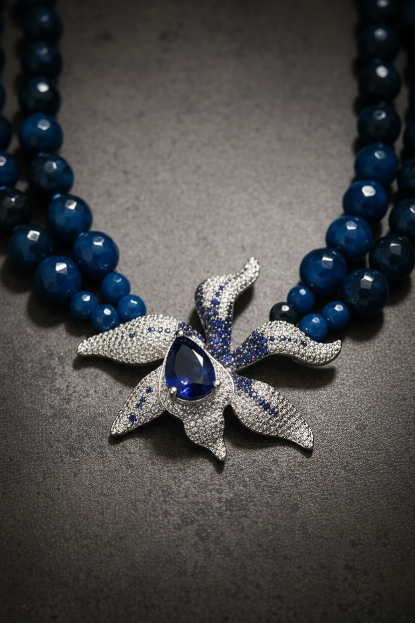Midnight Bloom Statement Necklace, Blue Statement Necklace, Pavé Flower Pendant, Double Strand Gemstone Necklace, ZoharasVogue, Sapphire Tear Drop Jewelry, Editorial Statement Necklace, Luxury Event Jewelry.