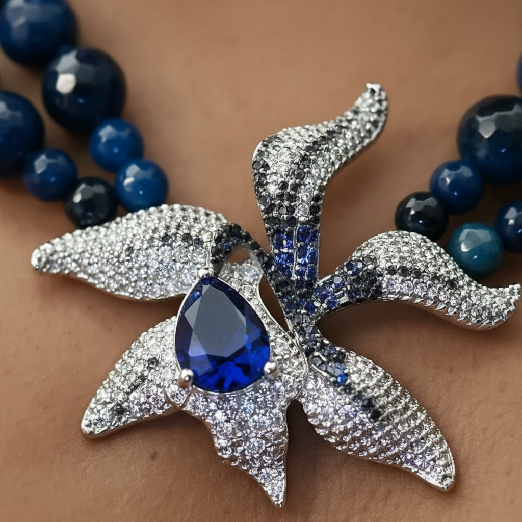 Midnight Bloom Statement Necklace, Blue Statement Necklace, Pavé Flower Pendant, Double Strand Gemstone Necklace, ZoharasVogue, Sapphire Tear Drop Jewelry, Editorial Statement Necklace, Luxury Event Jewelry.