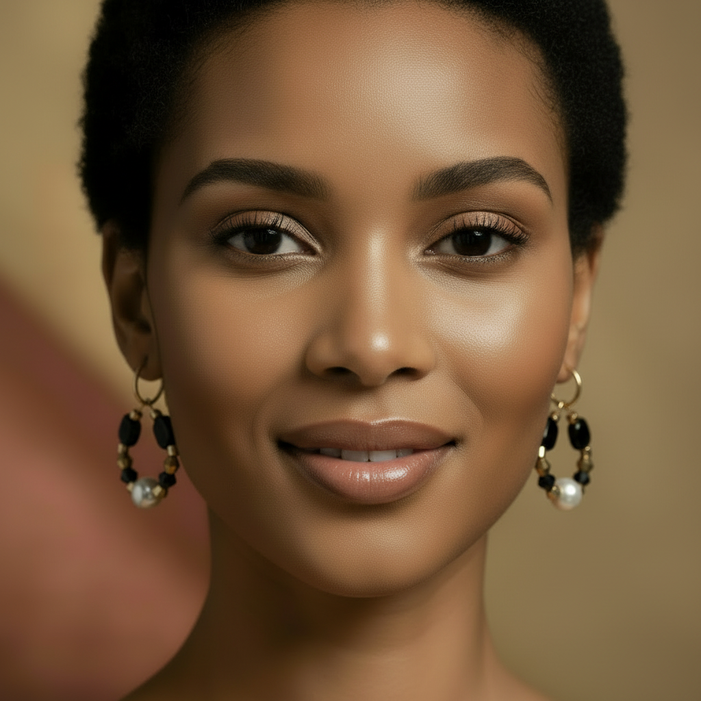 Gold hoop earrings featuring a central pearl, black geometric beads, navy crystal accents, and gold faceted spacer beads on a white background.