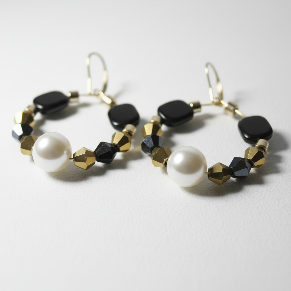 Gold hoop earrings featuring a central pearl, black geometric beads, navy crystal accents, and gold faceted spacer beads on a white background. ZoharasVogue