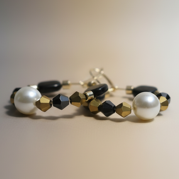 Gold hoop earrings featuring a central pearl, black geometric beads, navy crystal accents, and gold faceted spacer beads on a white background.