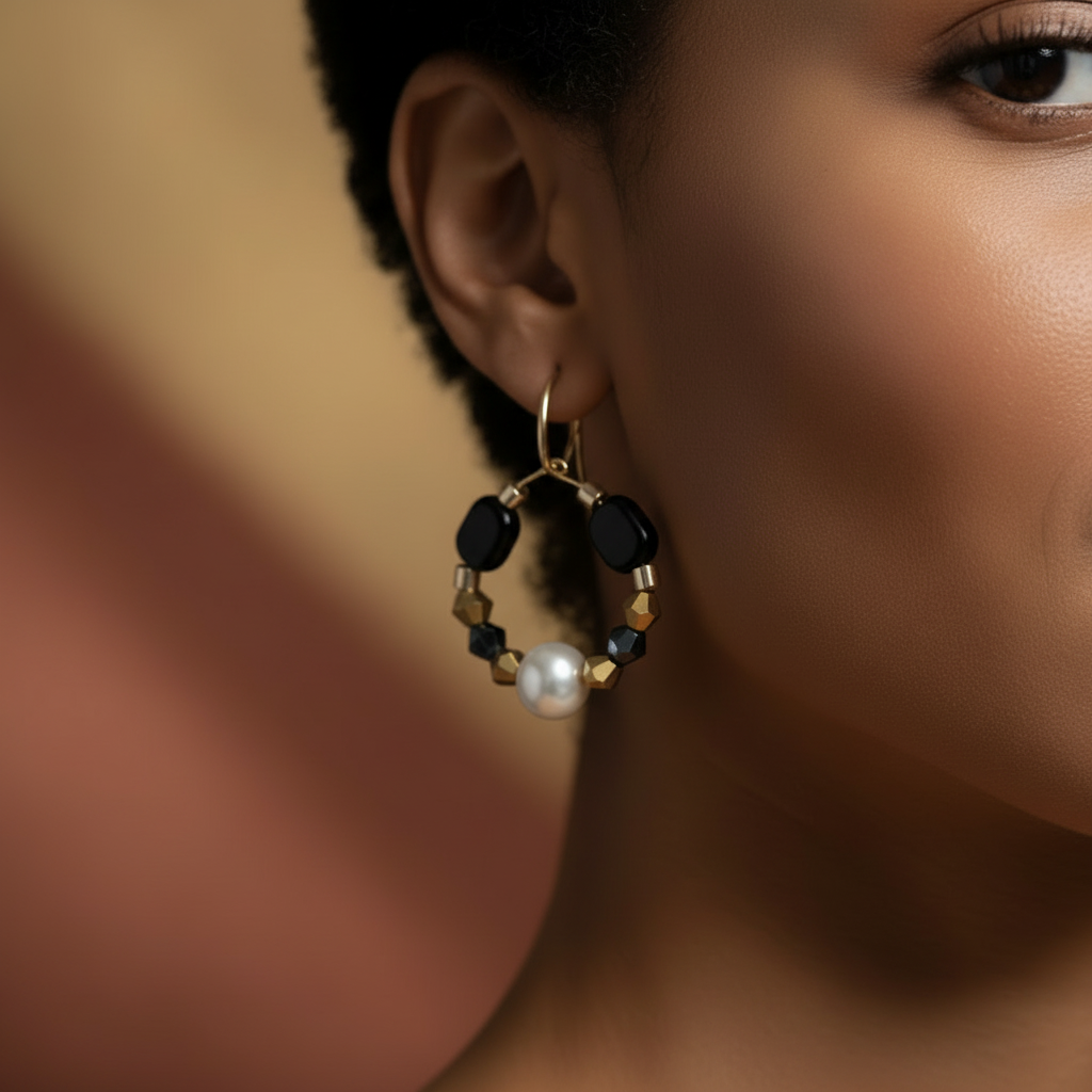 Gold hoop earrings featuring a central pearl, black geometric beads, navy crystal accents, and gold faceted spacer beads on a white background. ZoharasVogue