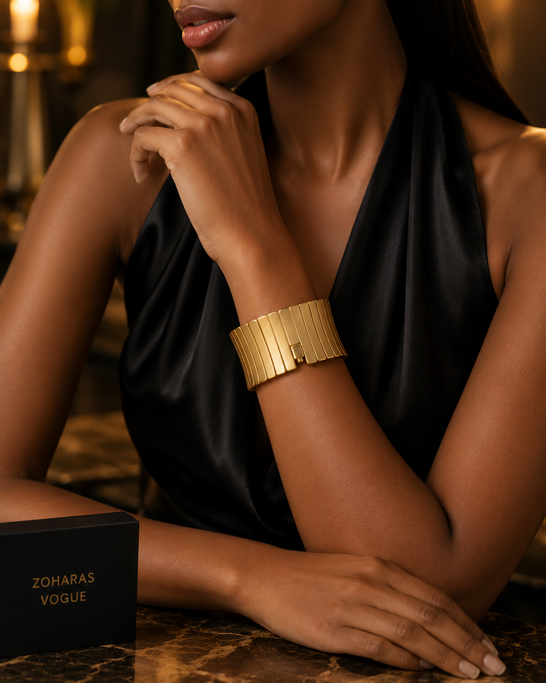 A model in a black satin halter top wearing Monarque Gleam Bracelet - ZOHARAS VOGUE with a small rectangular logo plaque. A black Zoharas Vogue box sits on a marble table in the foreground, with a softly blurred warm interior background.