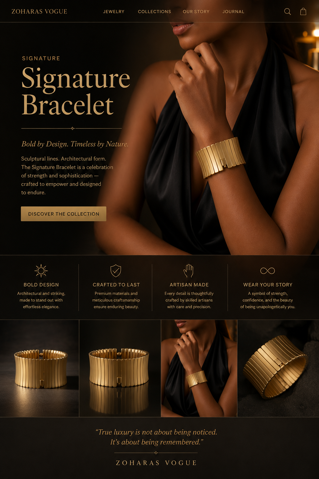 A promotional banner for the Zoharas Vogue Signature Bracelet, featuring a model wearing a wide, ribbed gold Monarque Gleam Bracelet - ZOHARAS VOGUE. The banner includes descriptive text, a 'DISCOVER THE COLLECTION' button, and three smaller product detail images showing different angles of the gold bracelet.