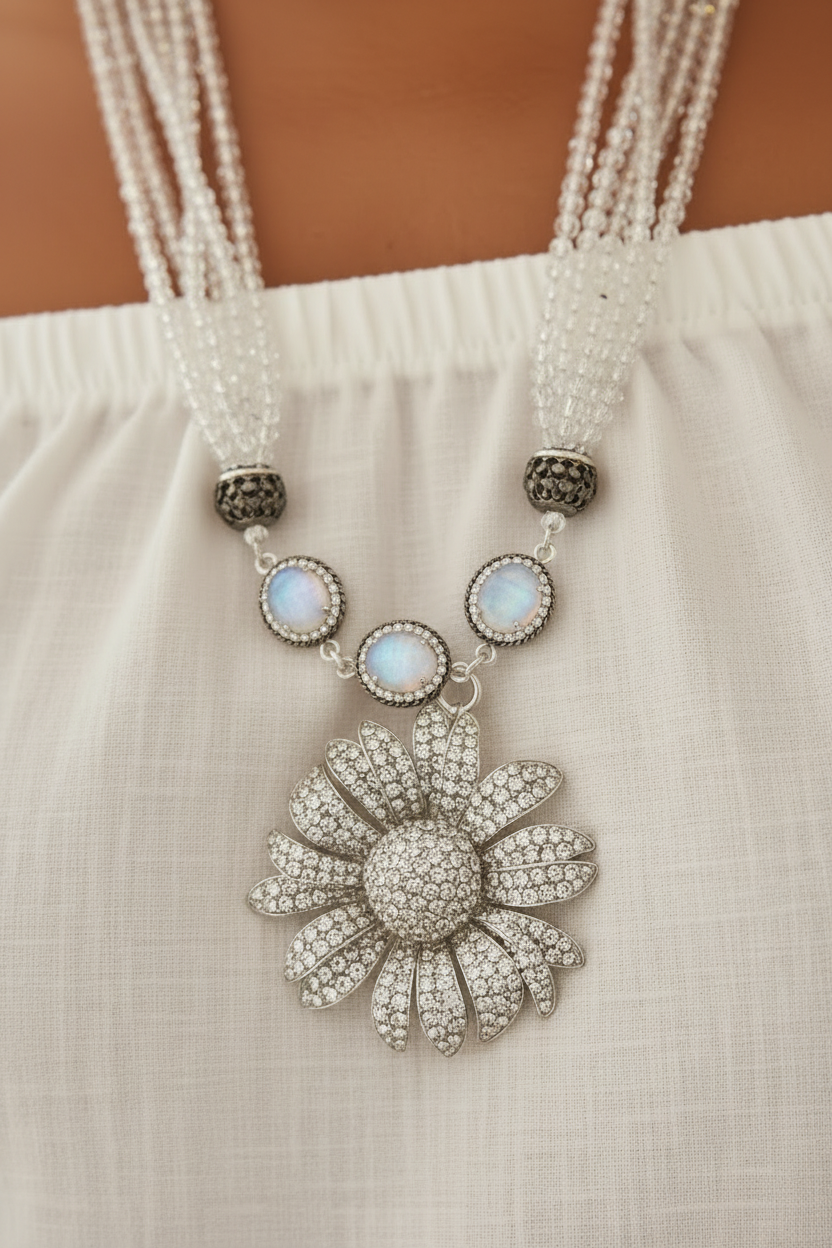 Model wearing a white off-the-shoulder top and a silver-toned multi-strand statement necklace with a flower-shaped pendant, posed in front of a vibrant background of pink, orange, and white tropical flowers. ZoharasVogue