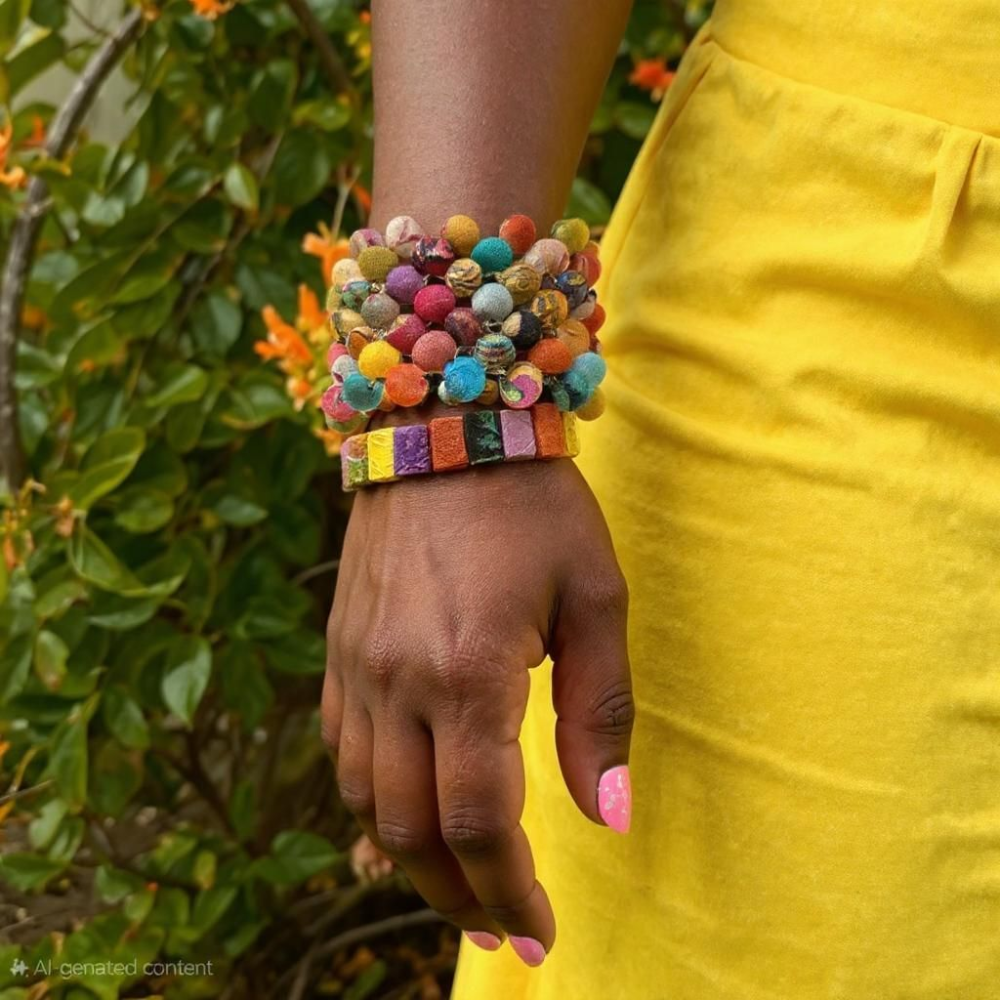 Colorful fabric beaded bracelet with gold accents, handcrafted from repurposed Kantha textiles. Zoharas Vogue