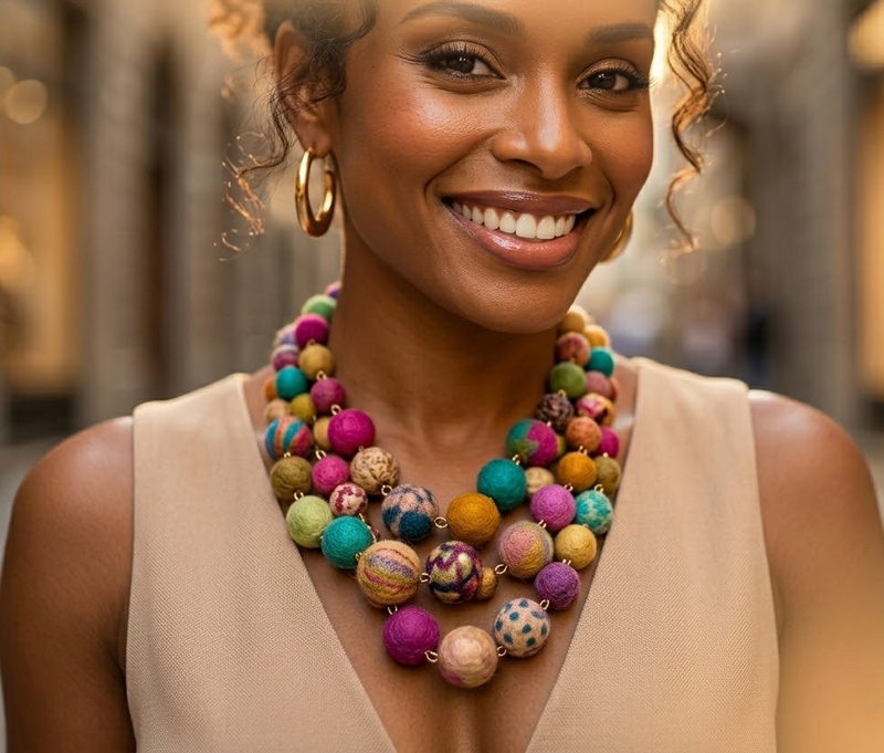 Model wearing a colorful beaded necklace with a blurred background ZoharasVogue 