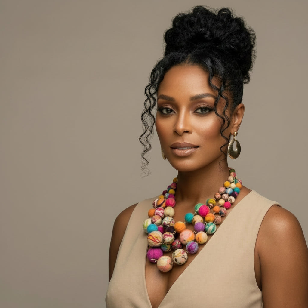 Model wearing a colorful necklace and earrings against a neutral background