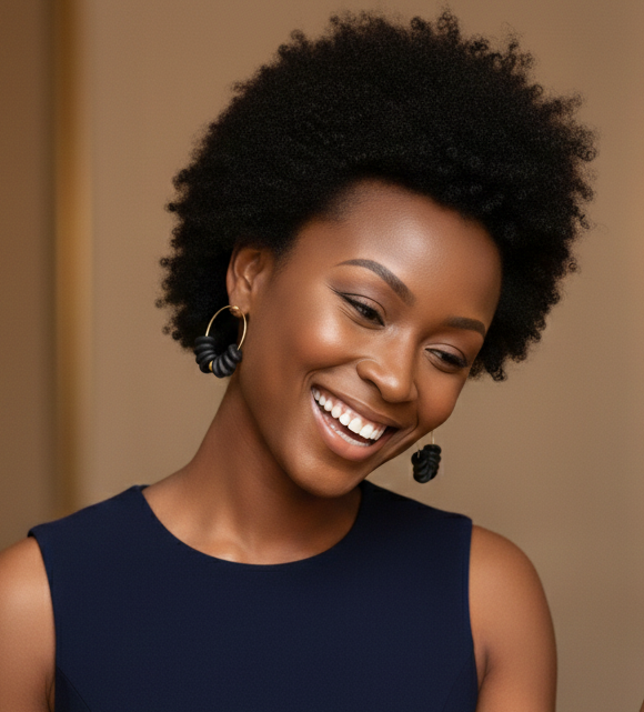 Model in a navy blue dress smiling in a softly lit room
