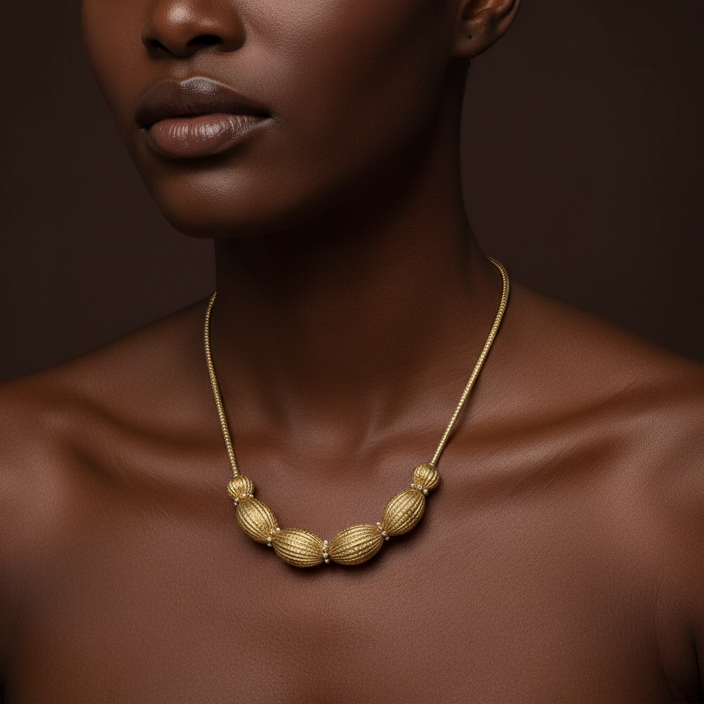 Close-up of the Obsidian Smoke Necklace featuring oversized ribbed oval beads in a gunmetal-tone finish with crystal spacer accents, arranged in a bold, sculptural design. ZoharasVogue 