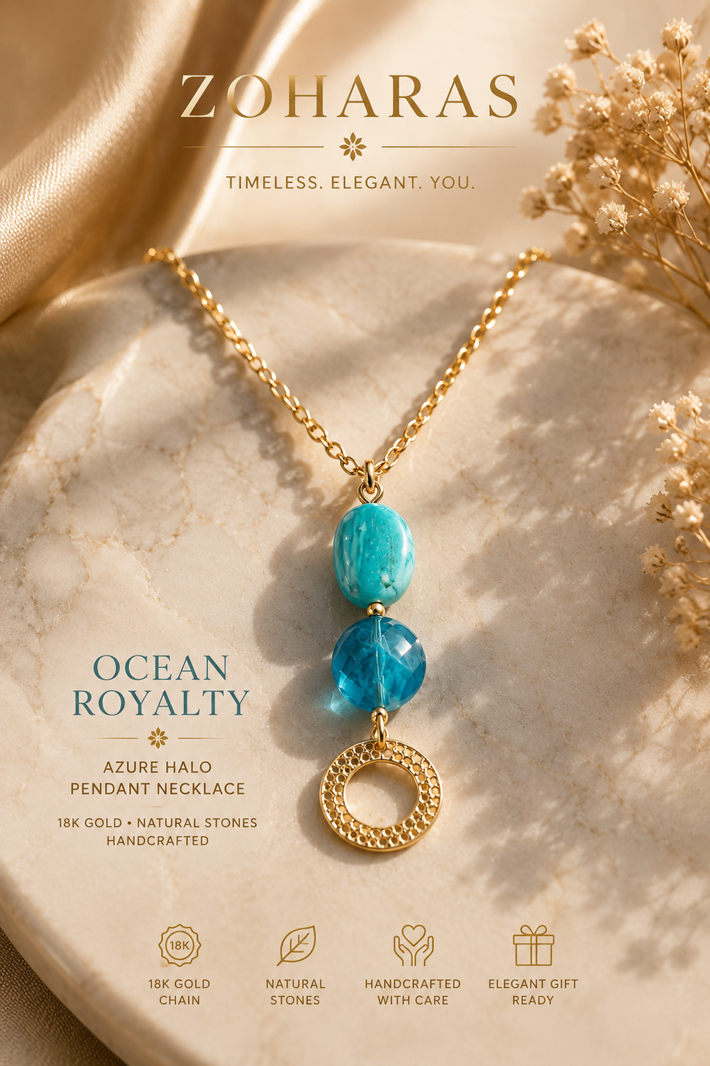 Ocean Royalty™ Coastal Cascade Statement Necklace – 18K Gold Chain