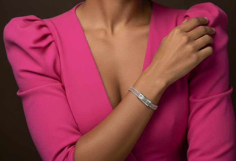 Model wearing a pink outfit with a silver bracelet on a dark background_ZoharasVogue