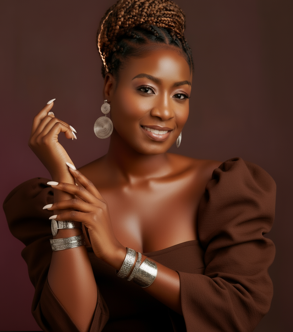 Model in a brown dress with silver jewelry against a dark background