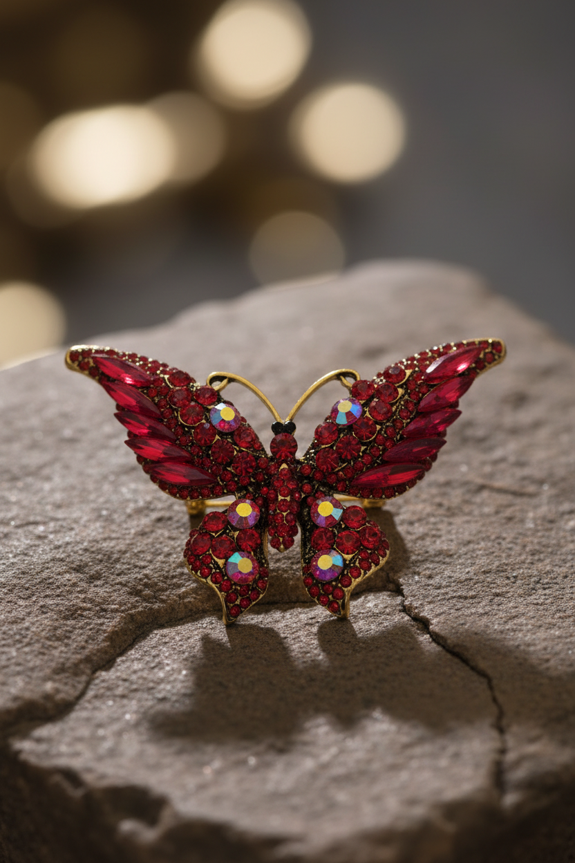 A vertical product photograph of the Red Butterfly Brooch, showcasing a stylized silver-toned feminine silhouette with a multicolored marquise gemstone skirt, set on a textured grey and beige striped carpet background.