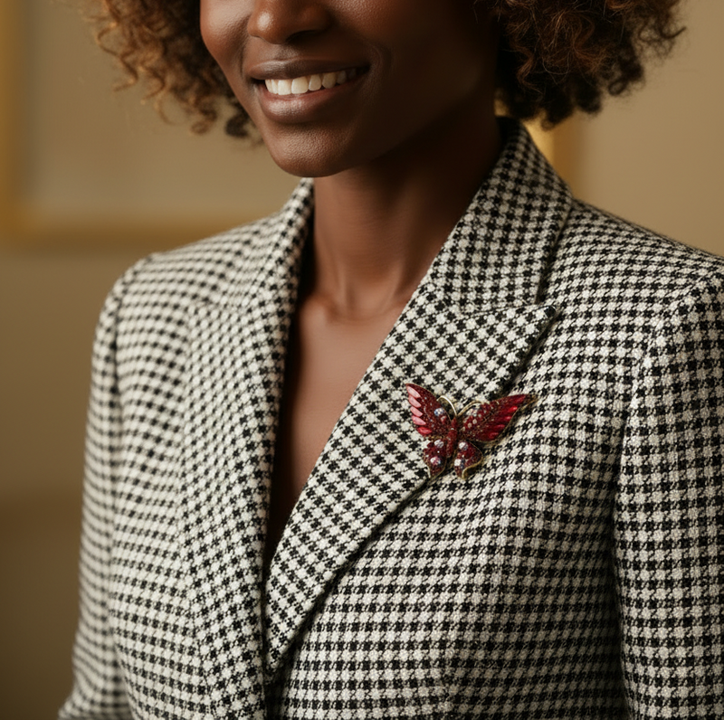 Model wearing a black and white checkered blazer with a butterfly brooch on a beige background. ZoharsVogue