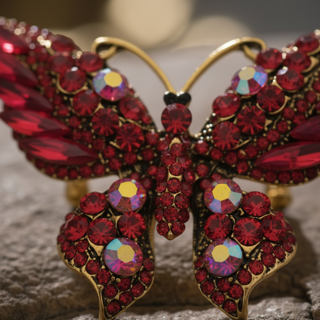 A vertical product photograph of the Red Butterfly Brooch, showcasing a stylized silver-toned feminine silhouette with a multicolored marquise gemstone skirt, set on a textured grey and beige striped carpet background.