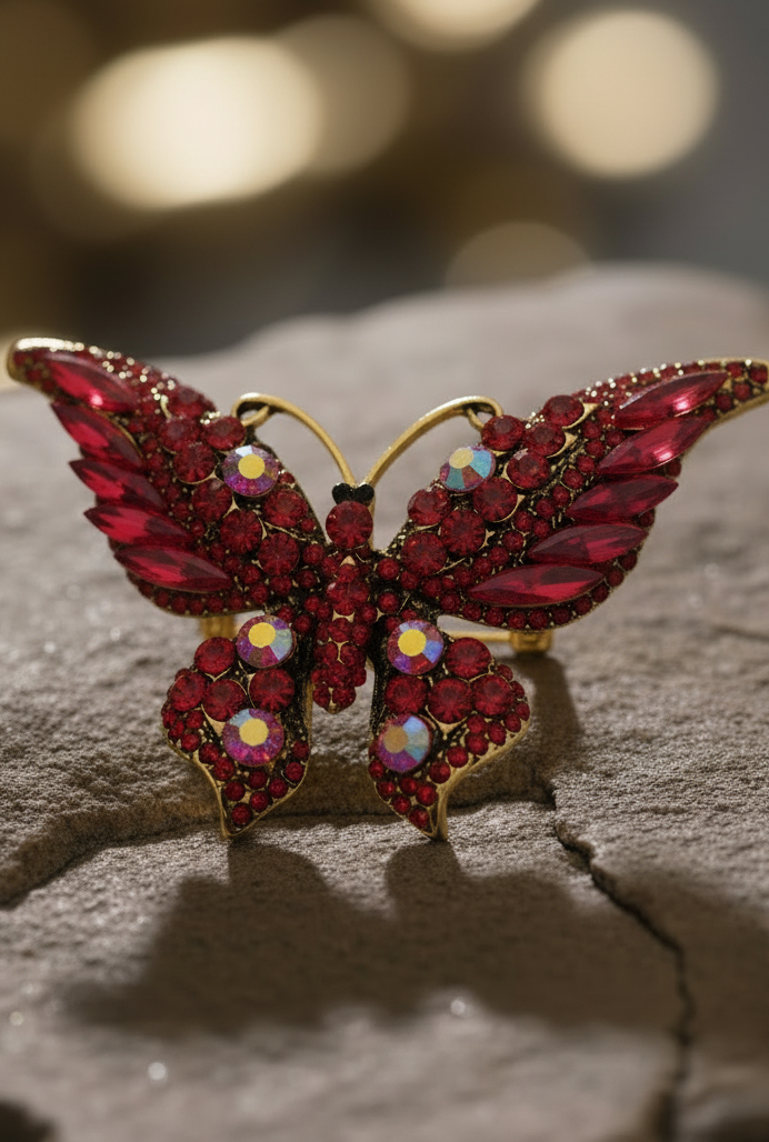 A vertical product photograph of the Red Butterfly Brooch, showcasing a stylized silver-toned feminine silhouette with a multicolored marquise gemstone skirt, set on a textured grey and beige striped carpet background.