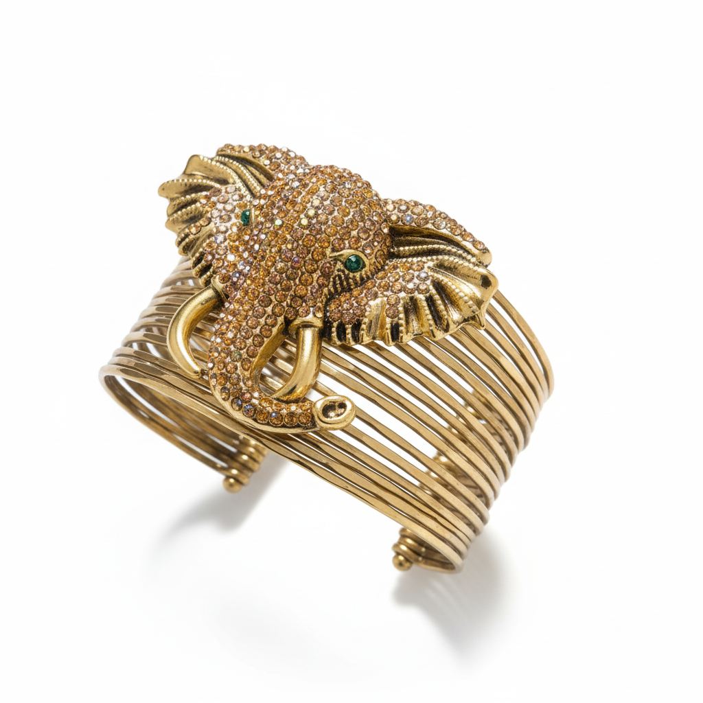 Gold elephant cuff bracelet with multicolor gemstone embellishments_ ZoharasVogue 