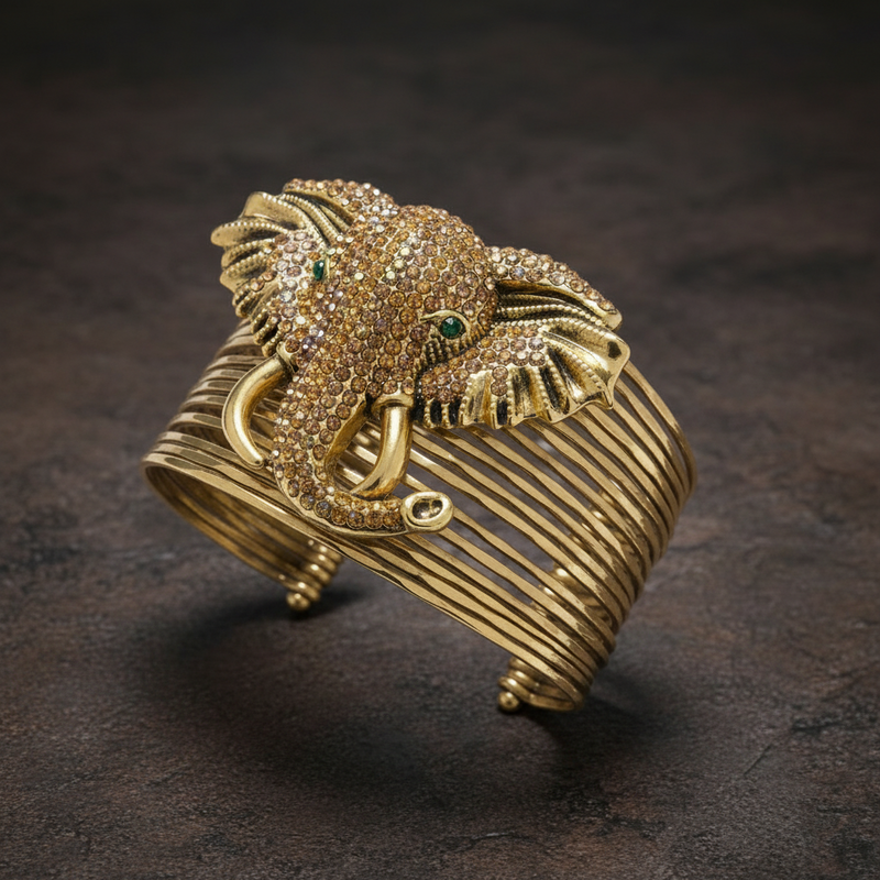 Gold elephant cuff bracelet with multicolor gemstone embellishments_ ZoharasVogue 