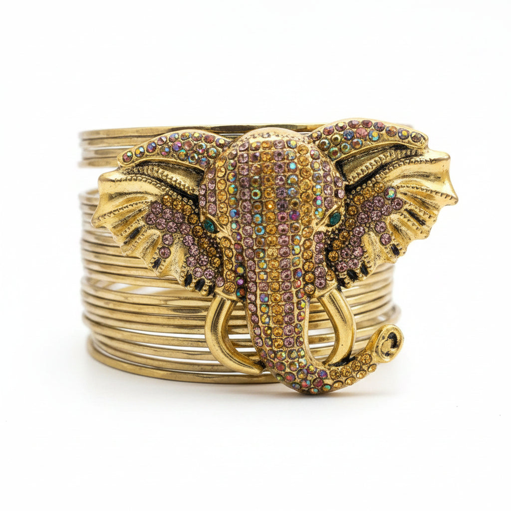 Gold elephant cuff bracelet with multicolor gemstone embellishments_ ZoharasVogue 