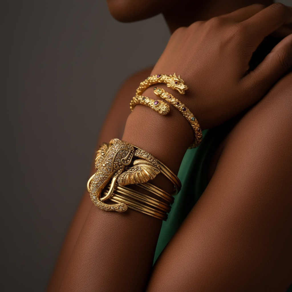Gold elephant cuff bracelet with multicolor gemstone embellishments_ ZoharasVogue 