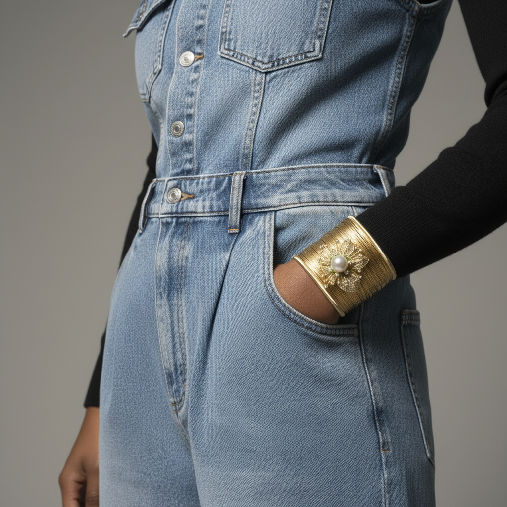model wearing a denim jumpsuit with a gold bracelet on a gray background ZoharasVogue
