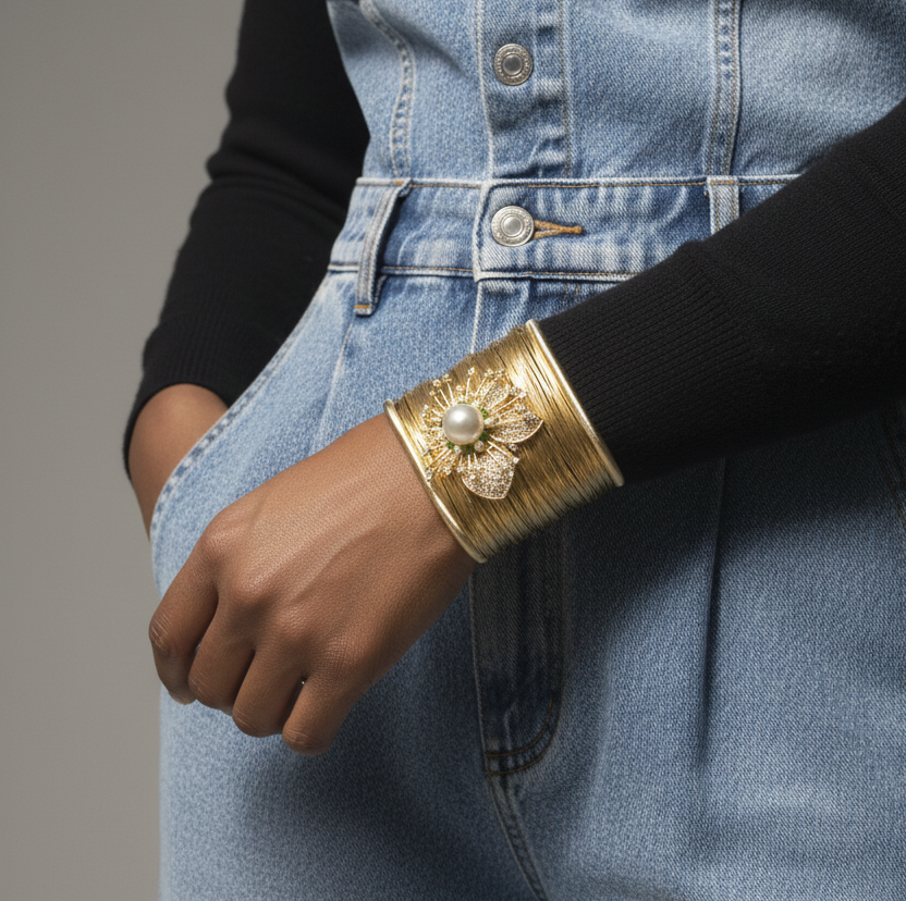 model wearing a gold bracelet with a floral design on a denim outfit. ZoharasVogue