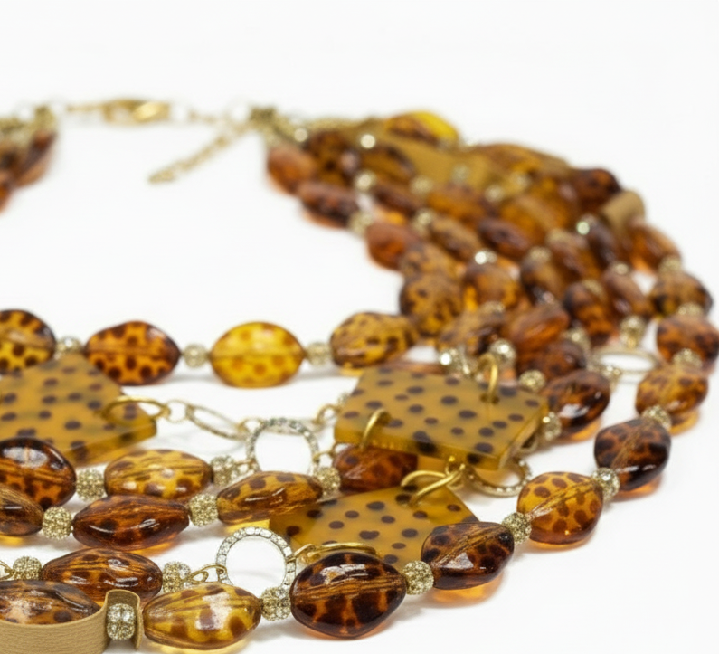 Multistrand necklace with brown beaded design on a white background_ZoharasVogue 