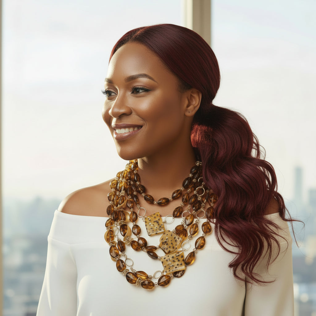 Model wearing a layered necklace with a cityscape in the background_ ZoharasVogue 