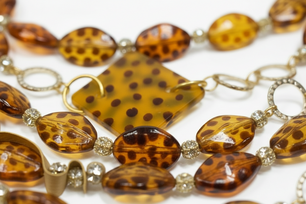 Necklace with tortoiseshell beads and gold accents on a white background_ZoharasVogue 
