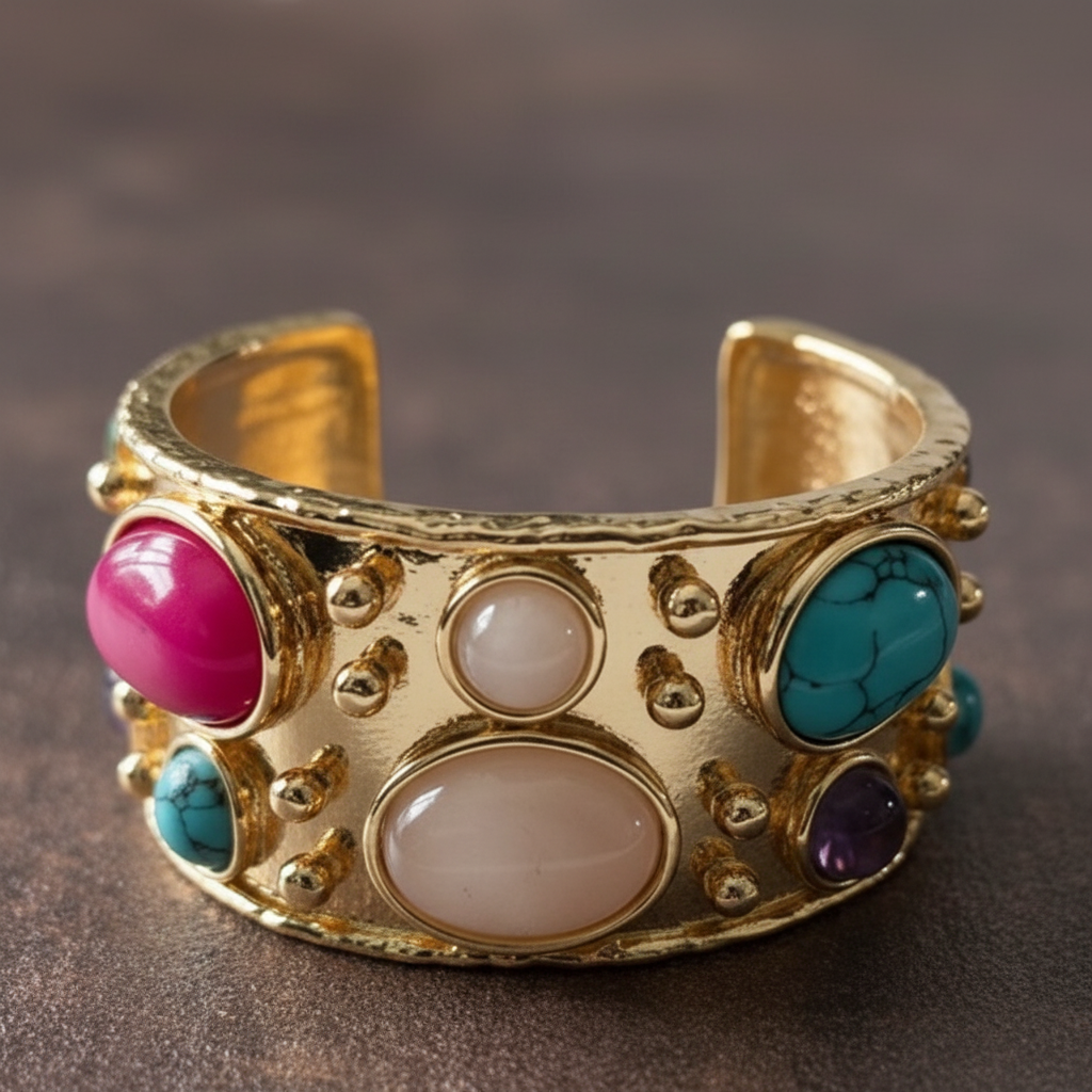 Gold ring with colorful gemstones on a white background_ ZoharasVogue 