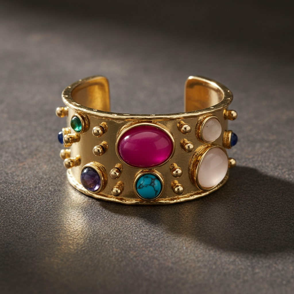 Seraphina Gem Cuff - Gold ring with colorful gemstones on a white background_ ZoharasVogue 