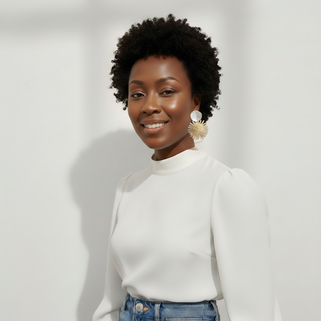 Model wearing a white sweater and blue jeans against a plain background