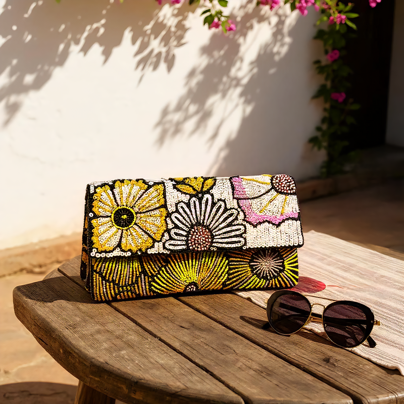 Multi-floral sequin beaded clutch with hand embroidery and vibrant artisan design