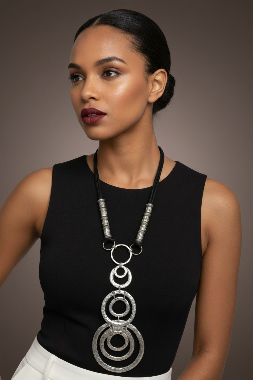 Model wearing a black sleeveless top with Silver Boho Echo Necklace - against a gray background _ ZOHARAS VOGUE 