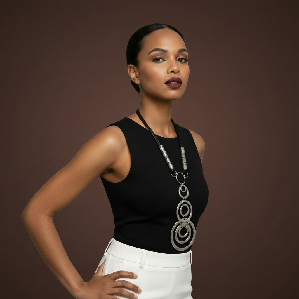 Model wearing a black sleeveless top with Silver Boho Echo Necklace - against a gray background _ ZOHARAS VOGUE 