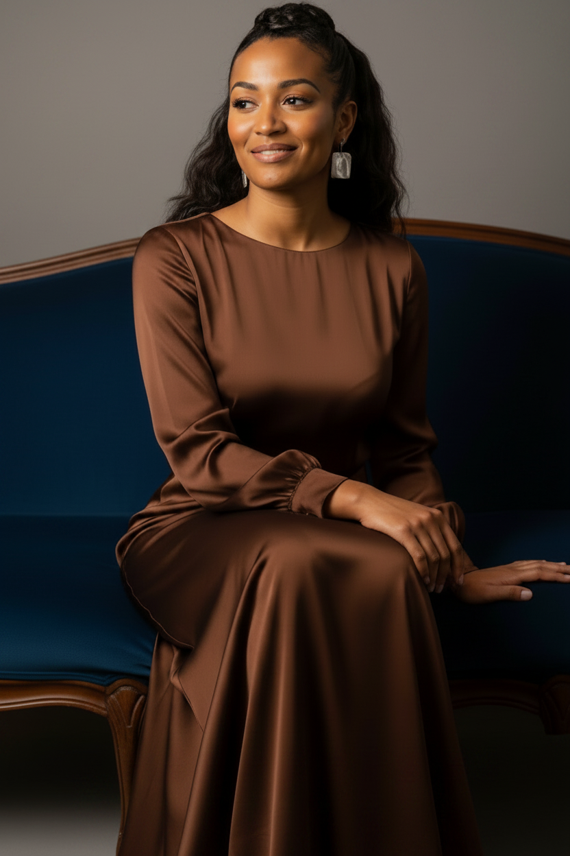 Model in a brown dress sitting on a blue couch with a geometric patterned wall behind her