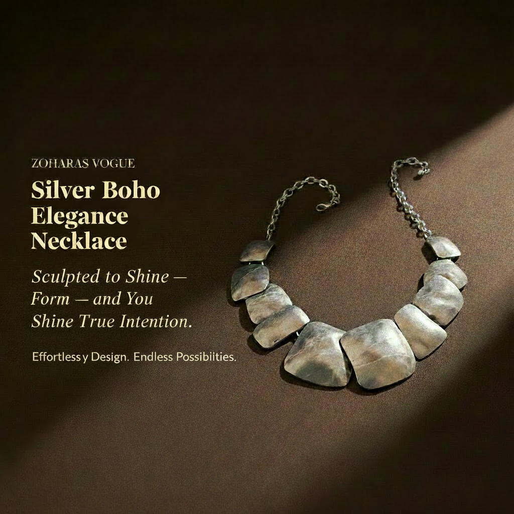 Bohemian hammered silver plated necklace with vintage rectangular pendant
