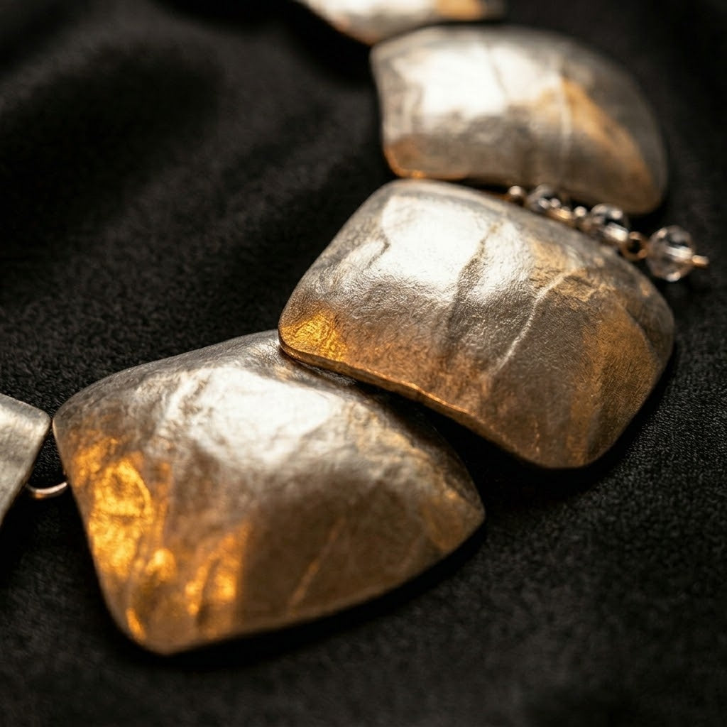 Close-up of a silver and gold necklace on a dark background