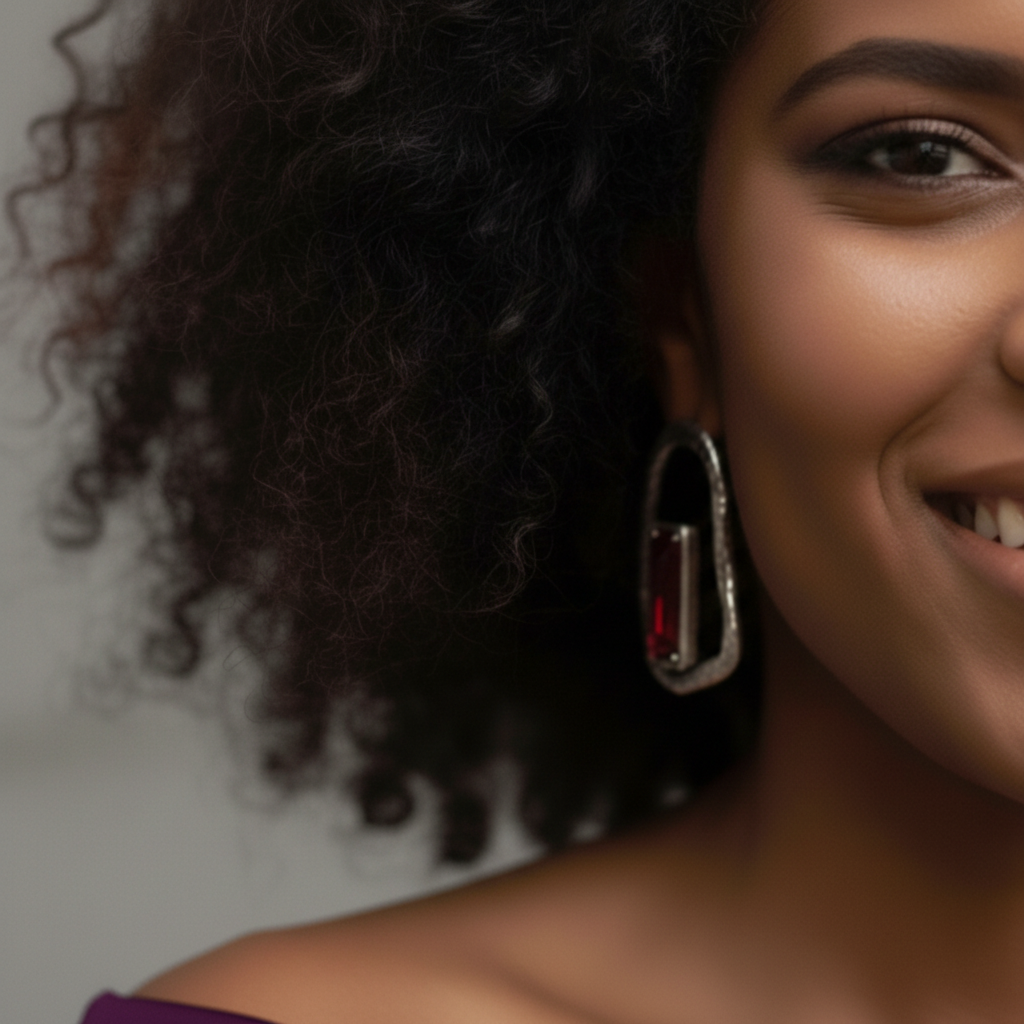 Silver plated boho-style earrings with a bold red stone centerpiece and organic sculpted design._ZoharasVogue