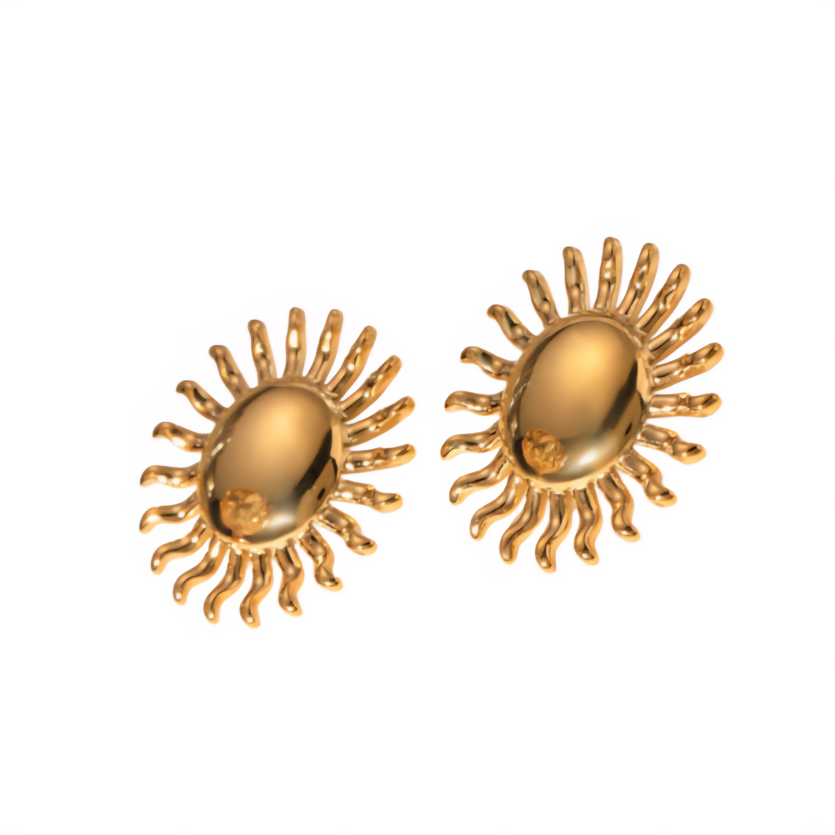 Pair of gold sun-shaped earrings on a white background_ZoarasVogue