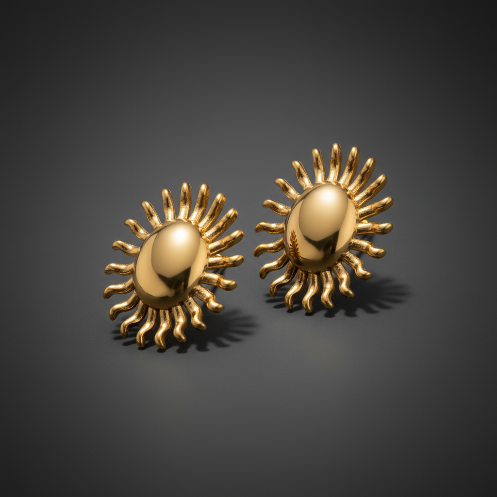 Pair of gold sun-shaped earrings on a white background_ZoarasVogue